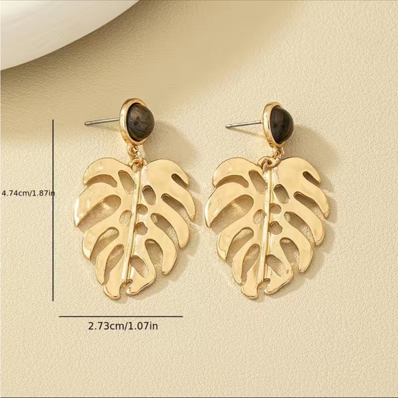 Gold and Brown Monstera Leaf Drop Earrings - Picture 2 of 5